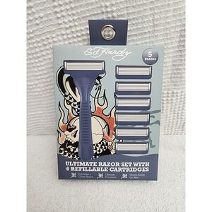 Ed Hardy Ultimate Razor Set 6 Refillable Cartridges Glides Easily on Skin‎ B1
